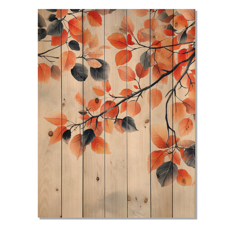 Orange Autumn Leaves II - Leaves Wood Print - On Natural Pine Wood, 20" H x 10" W x 0.78" D