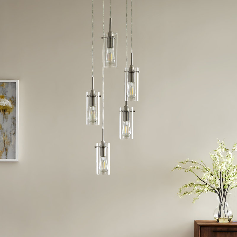 Luminaire suspendu cylindrique à 5 lumières Angelina, Nickel brossé, Transparent