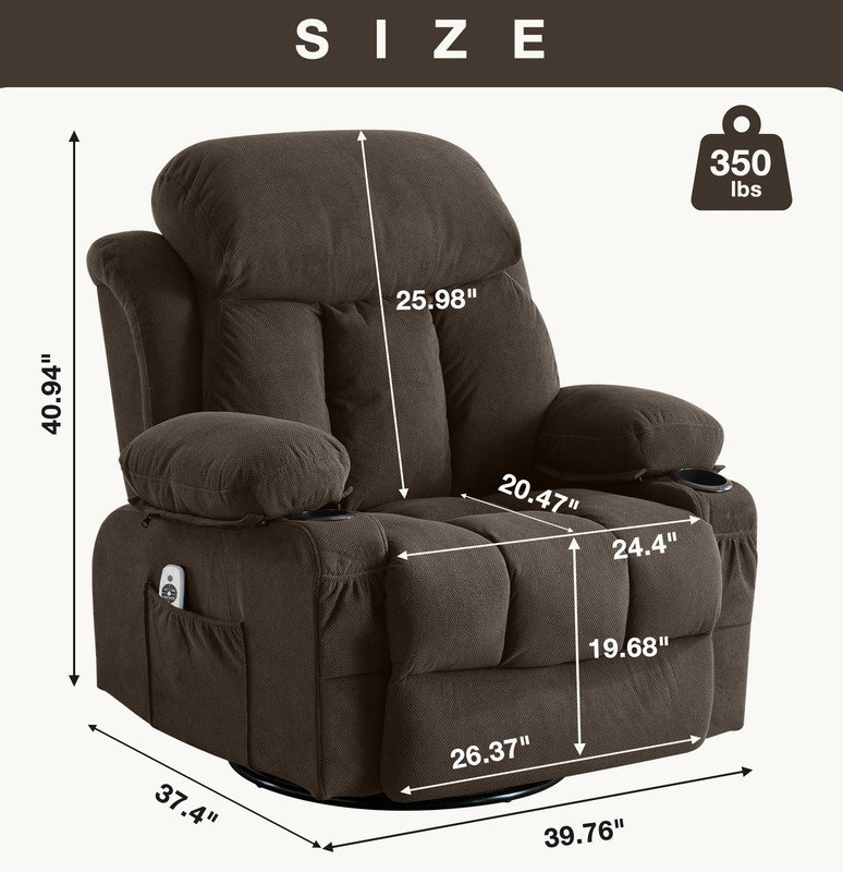 Canapé inclinable et chauffant, avec port USB et 2 porte-gobelets dans les poches latérales, Brun