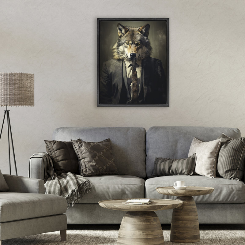 Cadre flottant Fancy Wolf in suit, design par Ray Powers, Cadre flottant noir de jais, H 21 po x l 17 po