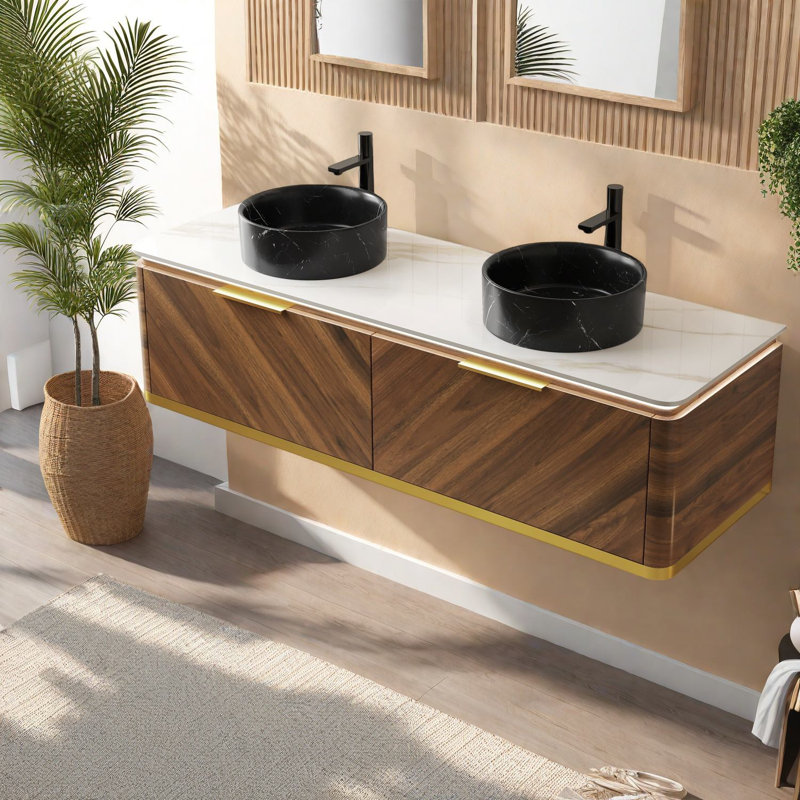 Meuble-lavabo moderne 60 po avec rangement, plateau en pierre frittée et armoire en bois