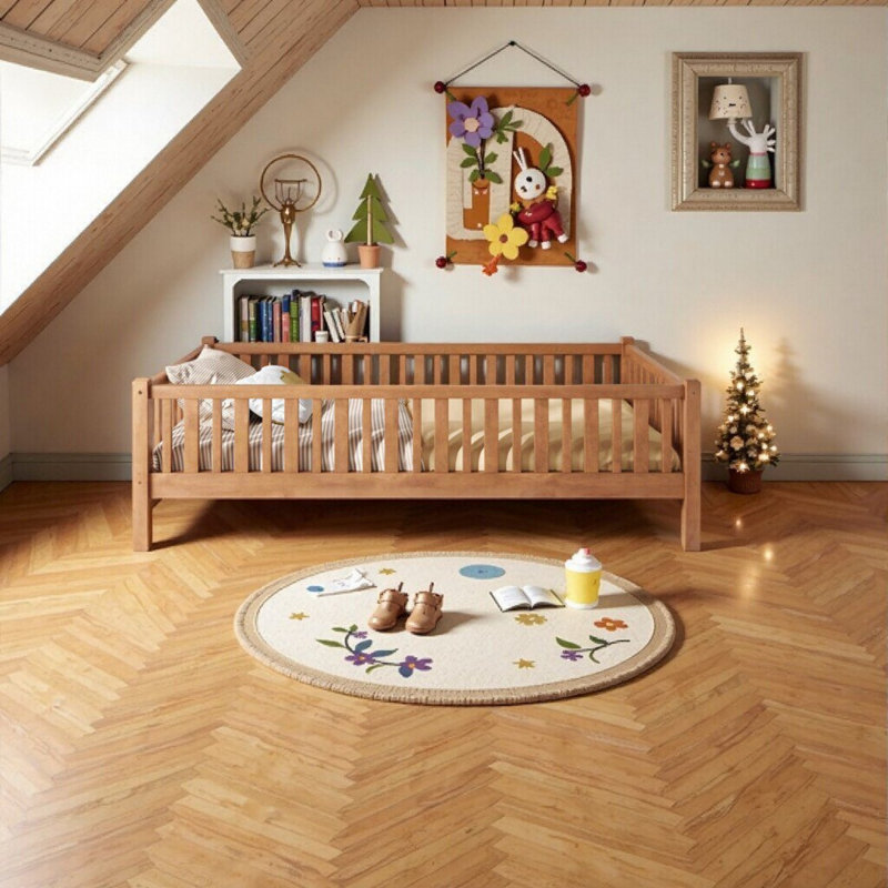 Lit plateforme simple en bois massif avec garde-corps pour enfants, adolescents, adultes, Walnut