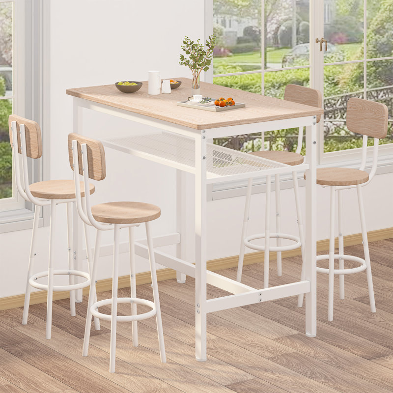 Lysle 5-Piece Industrial Bar Table Set with Metal Shelf, Dining Set, Counter Height Table & 4 Bar Stools, Natural Wood, White