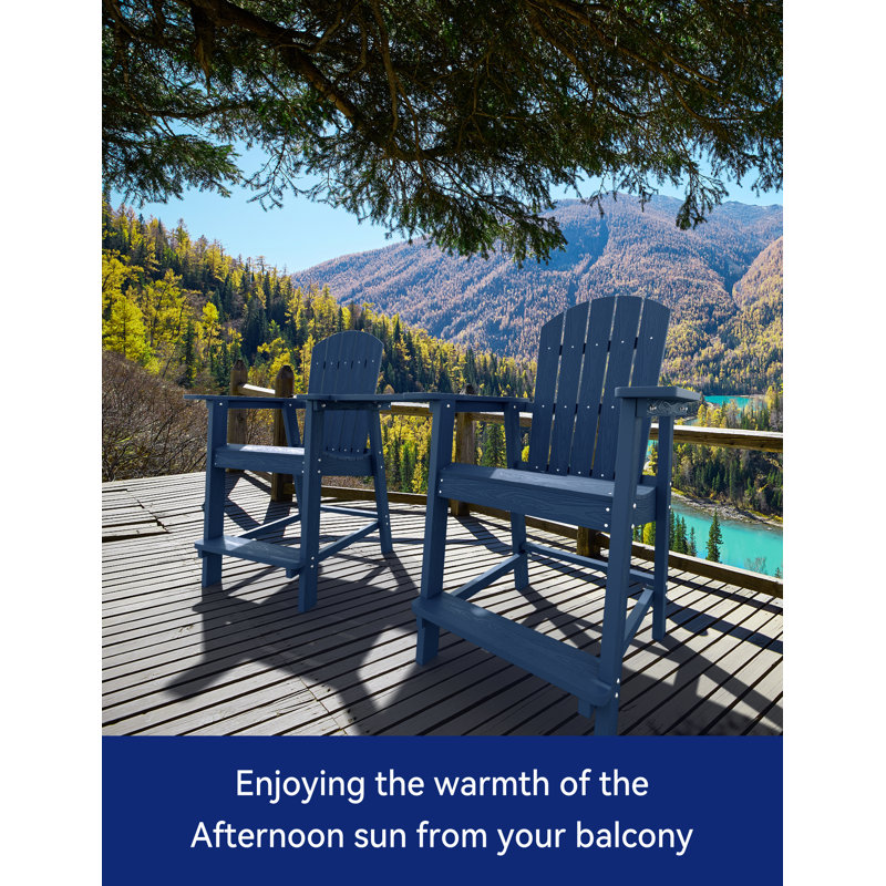 Borghild HIPS Outdoor Adirondack Chair Set with Removable Table Patio Bar Stools, Navy Blue