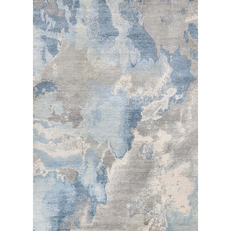 Tapis argenté et bleu noué à la main de haute qualité, Rectangle de 5 pi x 8 pi