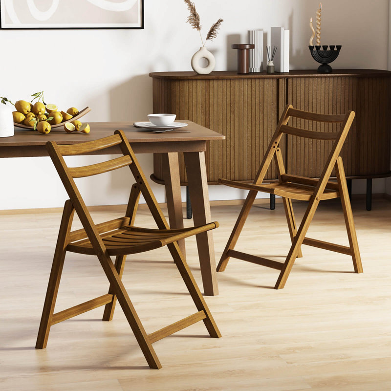 Chaise de salle à manger pliante avec dossier à lattes et assise en bois d'hévéa, 2