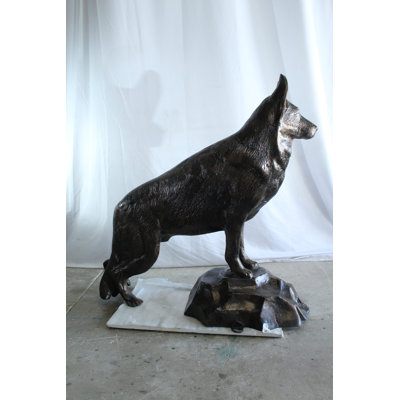 NIFAO Giant Aluminum German Shepherd Statue Standing on Rock Base – Outdoor & Indoor Decorative Sculpture - Large 46" x 20" x 49"