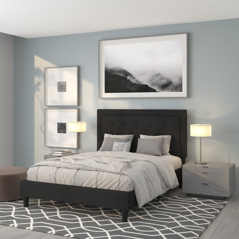 Aluino Panel Button Tufted Upholstered Platform Bed Frame - No Box Spring Required, Black, Queen
