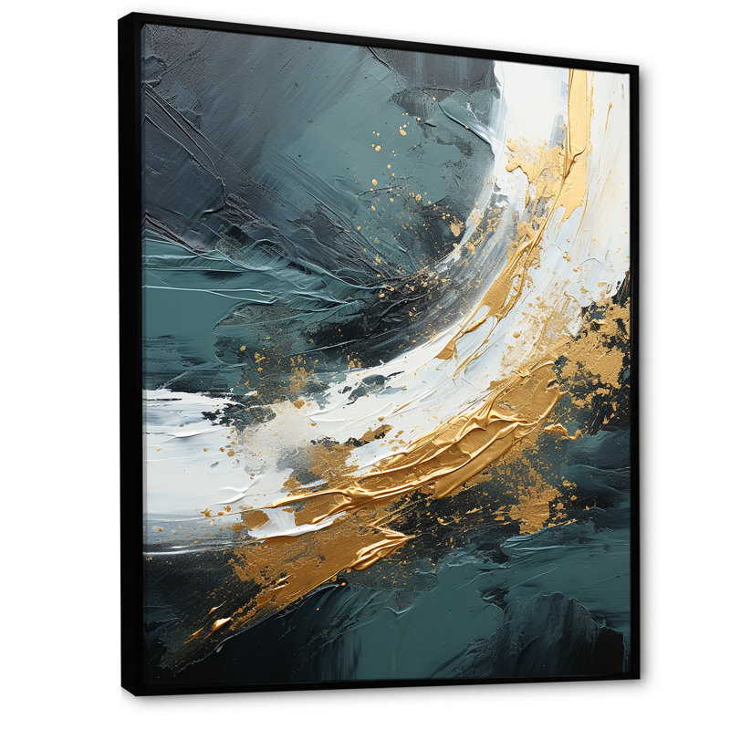 Or et vert abstrait cascade de marbre III - Art mural abstrait, Cadre flottant noir, H 44 po x l 34 po x P 1,5 po