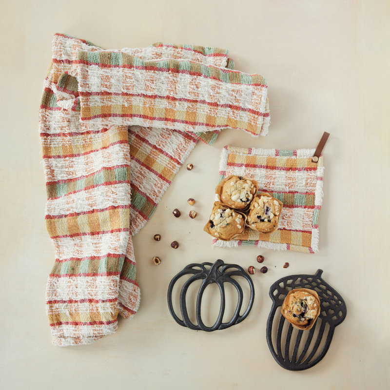 Woven Cotton & Wool Striped Pot Holder W Leather Loop