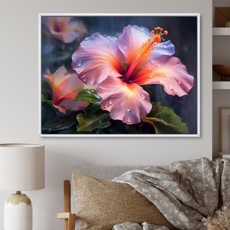 Hibiscus vibrant dans l'allure tropicale I, H 16 po x l 32 po x P 1 po, Cadre flottant blanc