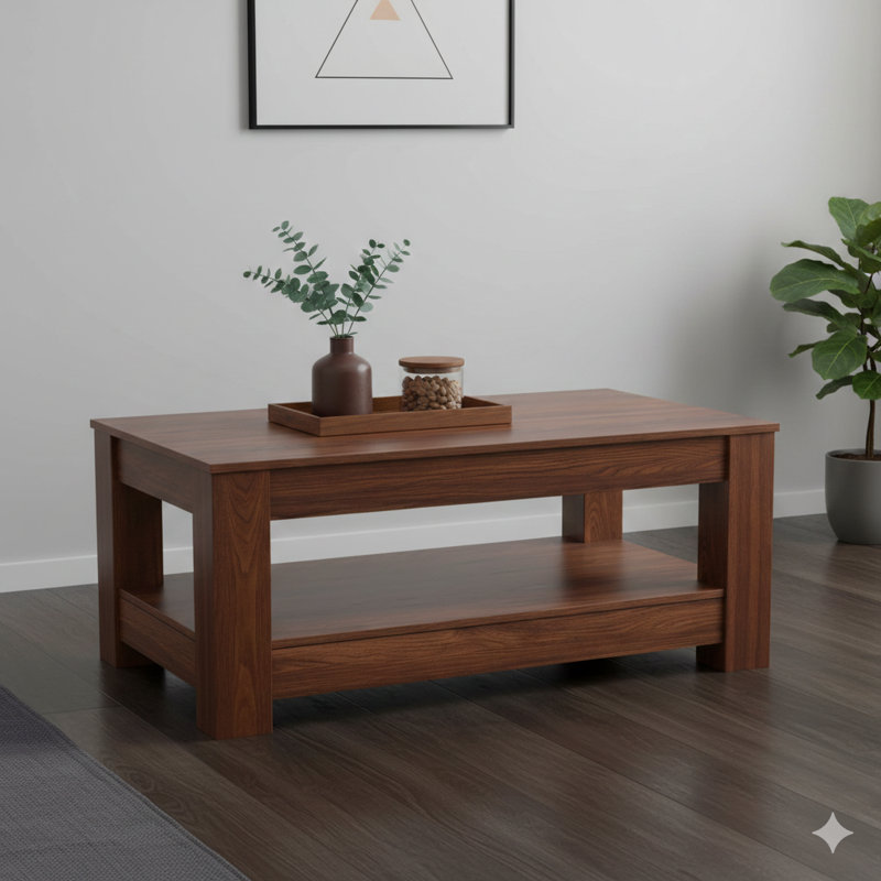 Une table centrale pratique et moderne au fini noyer. La conception à deux niveaux est fabriquée à partir de panneaux de fibres à densité moyenne, ce qui la rend idéale pour les salons, les chambres à coucher ou les bureaux.
