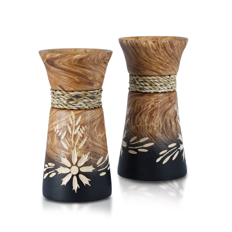 Ensemble de 2 vases en bois à motif de fleurs et corde manguier Natures Beauty