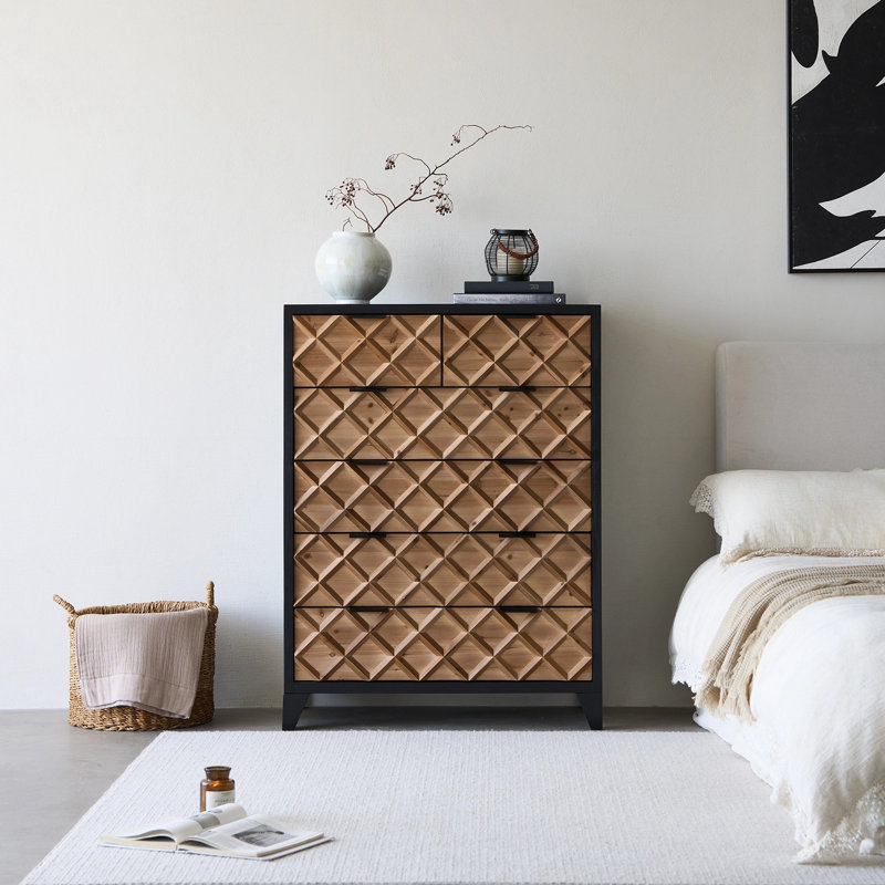Commode en bois, commode 6 tiroirs avec cadre noir, 33,4 po x 44,4 po
