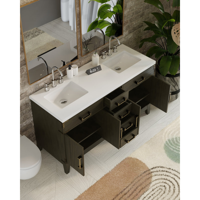 Plateau de meuble-lavabo double l 60 po x P 22 po Laurel, Chêne brun, Marbre de culture blanc