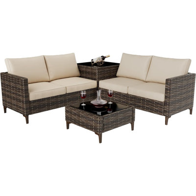 Ensemble de meubles de patio en osier 4 pièces avec table de rangement et coussins beiges, canapé modulaire d'extérieur en rotin noir