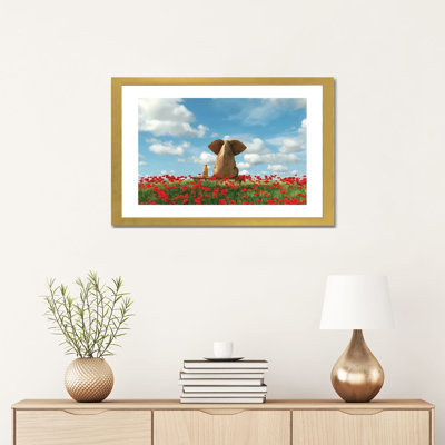 «Elephant and Dog Sit on a Poppy Field» par Mike Kyivi, reproduction d'impression