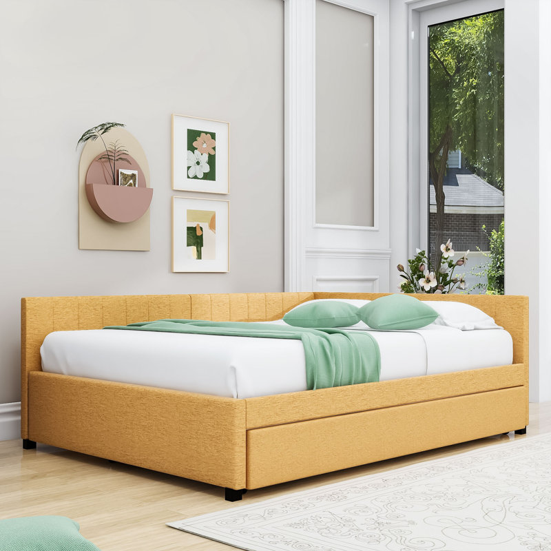 Yasmir Upholstered Sofa Daybed with Trundle, Yellow, Full