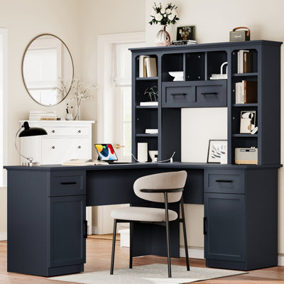 L-shaped Computer Desk In Antique Blue With 2 Cabinets, Drawers, 11 Open Shelves And Power Outlet For Effective Office Work Shelves, 1 Flip Shelf Study Balance Home