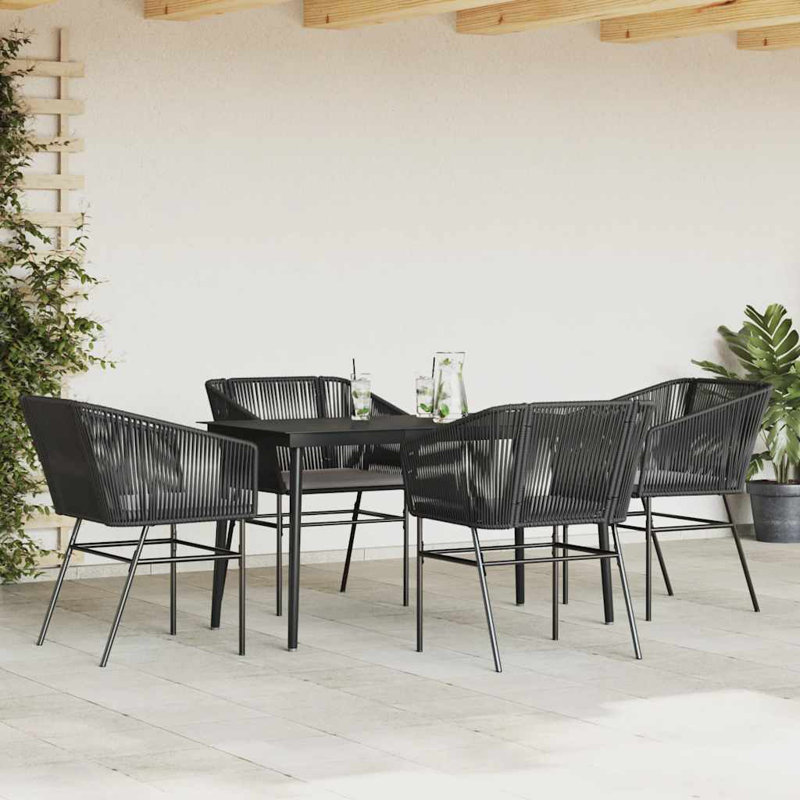 Ensemble repas de patio avec coussins en verre et poly rotin, H 29,1 po x l 27,6 po x L 55,1 po, 4, Noir / Noir