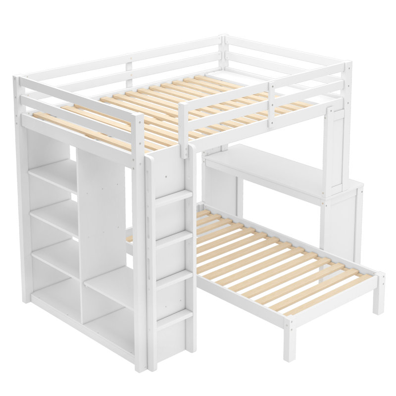 Full XL/Full over Twin Bunk Bed with Dismountable Lower Bed, Desk, Shelves & Wardrobe, Convertible Loft Bed, White, White