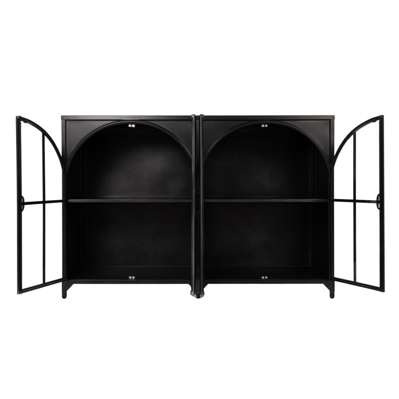 Panneau latéral en métal et verre avec portes arquées et 1 tablette, noir, Noir