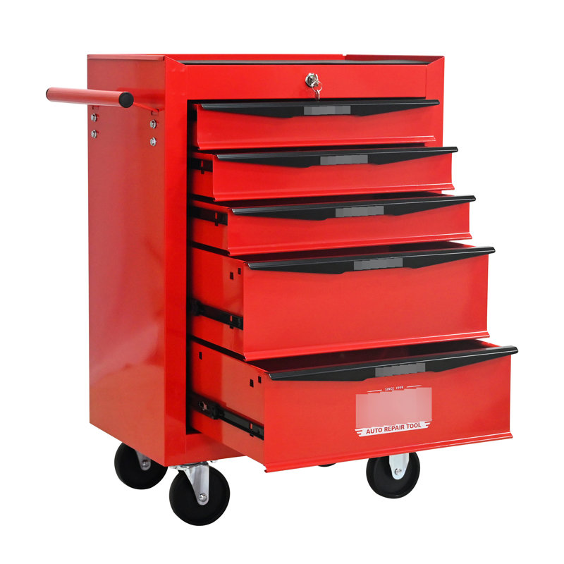 20" Red&Black 5 Tool Storage Trolley, Bearing Slide For 15Kg Stable Load, Chest With 4 And One - Hand Pull Handle, Lockable 20", Red&Black, Slide, Load Capacity, Chest, , Side