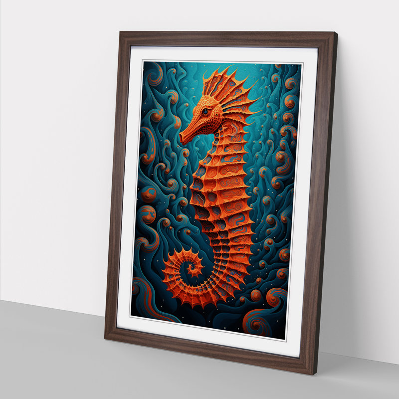 Seahorse Op - Single Picture Frame Print on Wood, 64cm H x 46cm W x 2cm D, Walnut