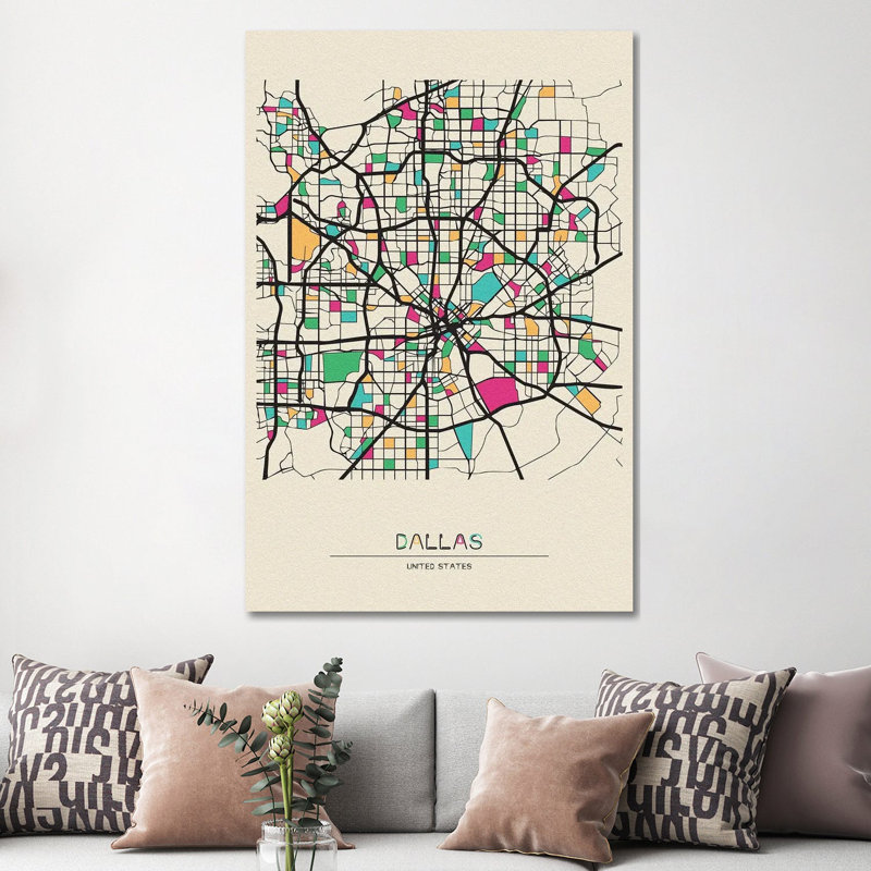 Dallas, Texas Map 1 Piece Wrapped Canvas Wall Art, 152.5 cm H x 101.5 cm W