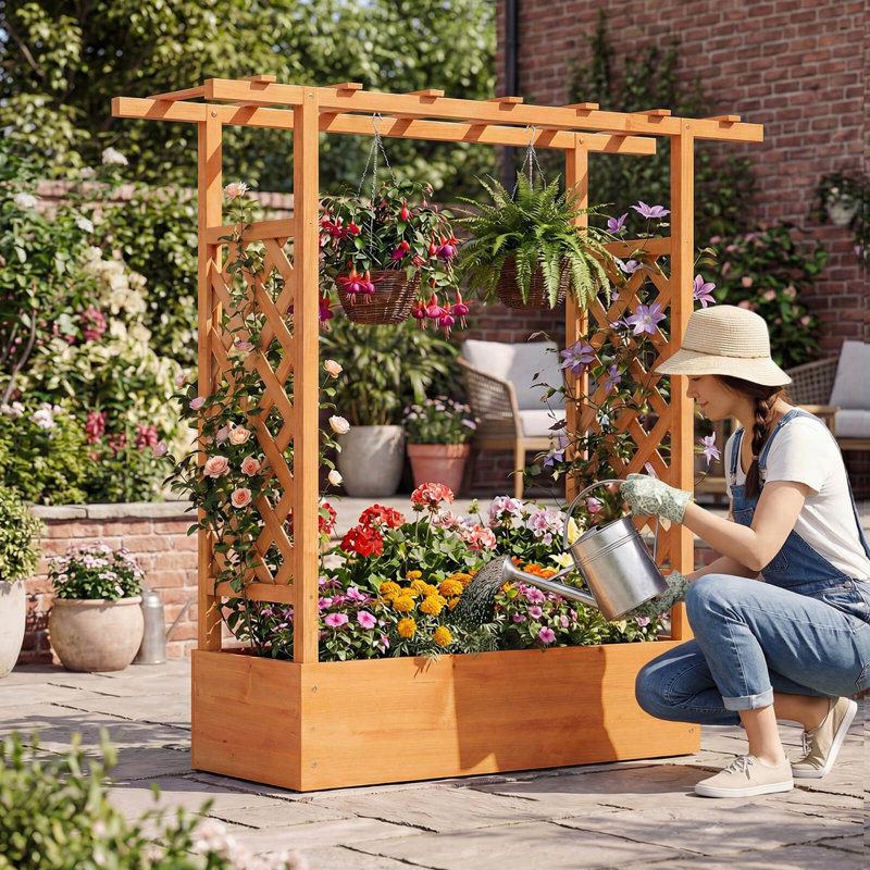 2 PCS Wooden Raised Garden Bed with Trellis, Hanging Roof, Drainage Holes for Plants, Orange