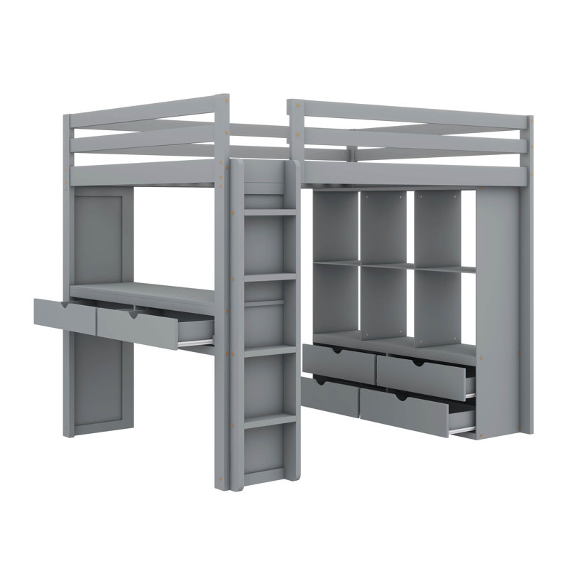  Lit mezzanine Angret avec grandes tablettes, bureau et lumière DEL, Double, Gris