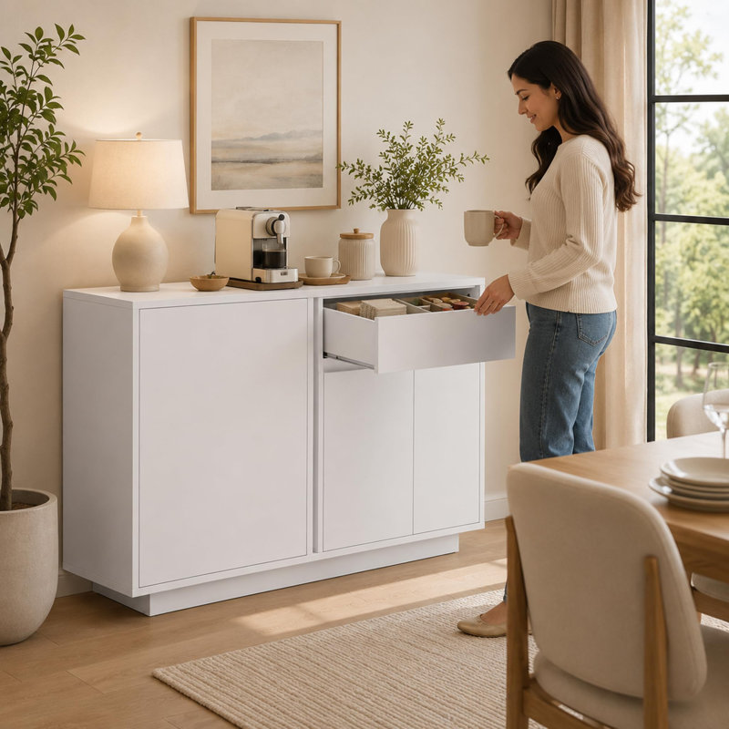 Buffet de 55 pouces, armoire de bar avec buffet, rangement à 3 portes et 2 tiroirs, armoire de cuisine pour table basse, console, rangement pour le vestibule du salon, blanc