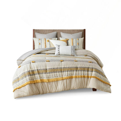 3 Piece Cotton Comforter Set With Striped Print And Pompom Details, Full/Queen Size, OEKO-TEX Certified
