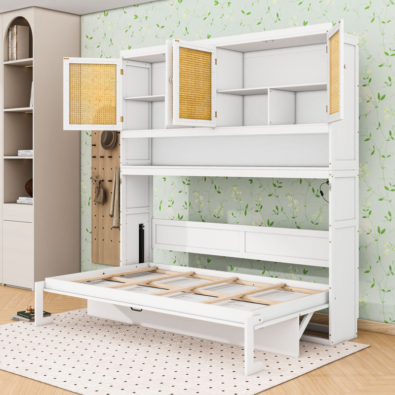 Lit escamotable simple avec lumière DEL et bureau intégré, tablettes, Blanc