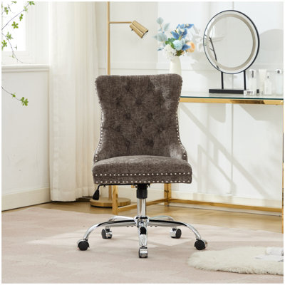 Chaise de bureau A&A Furniture, chaise de bureau moderne rembourrée capitonnée en chenille avec base en métal chromé, chaise de bureau pivotante réglable (gris)