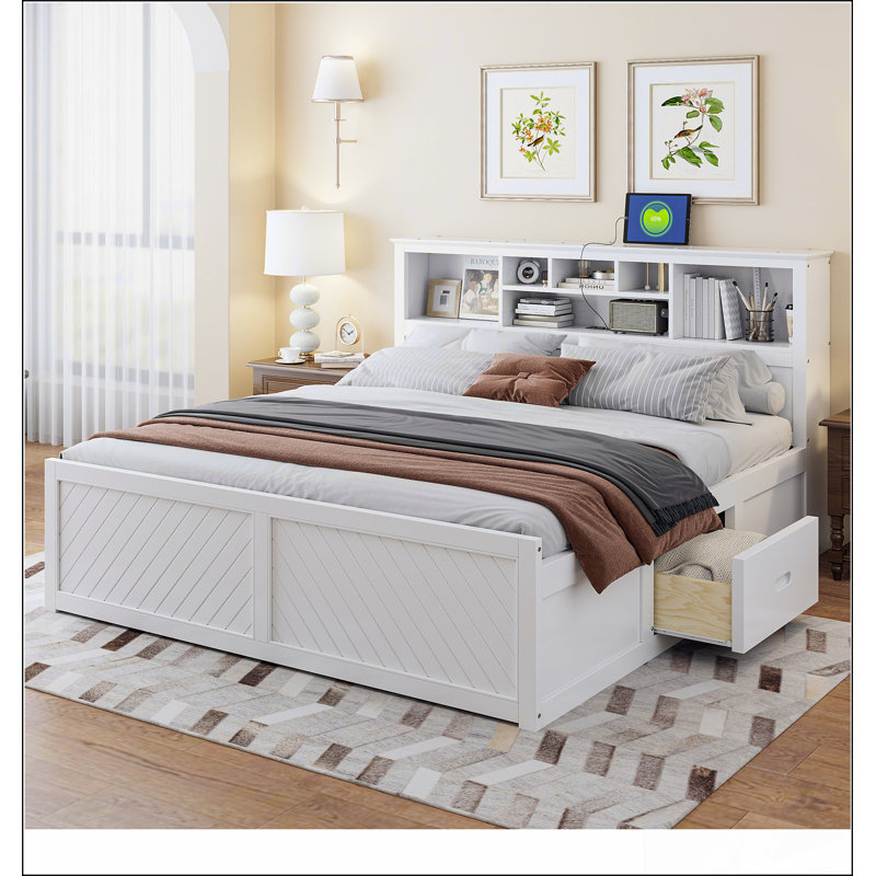 Lit plateforme très grand multi-rangement en bois, Blanc
