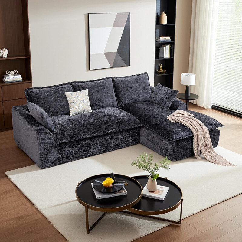 103" Boneless Compressed Sectional Couch No Assembly Required With Pillows, Right Hand Facing, Black