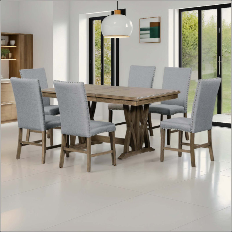 Ensemble de table de salle à manger Mid-Century en bois massif 7 pièces avec tables rembourrées et rallonge