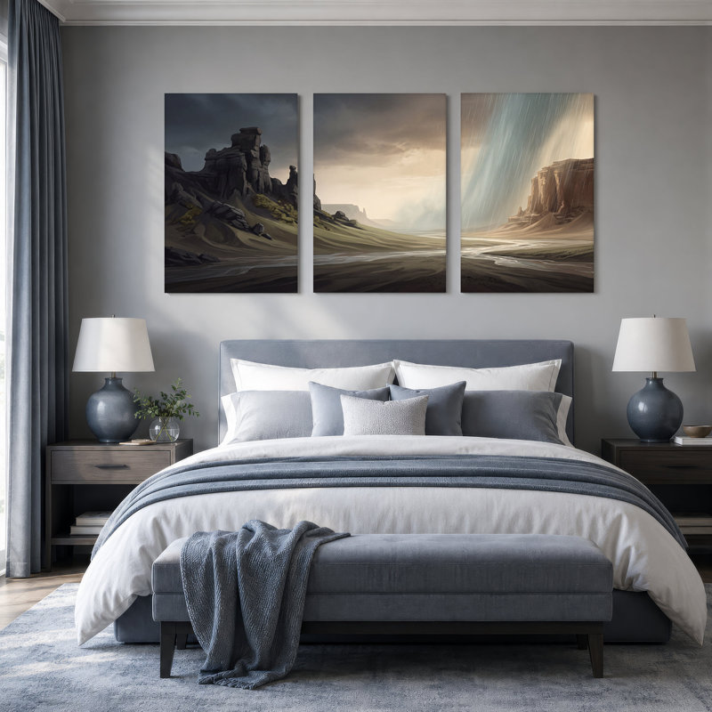 Moody Rocky Canyon avec rivière qui coule et ensemble de 3 toiles ensoleillées, 24"H x 16"W x 3pcs
