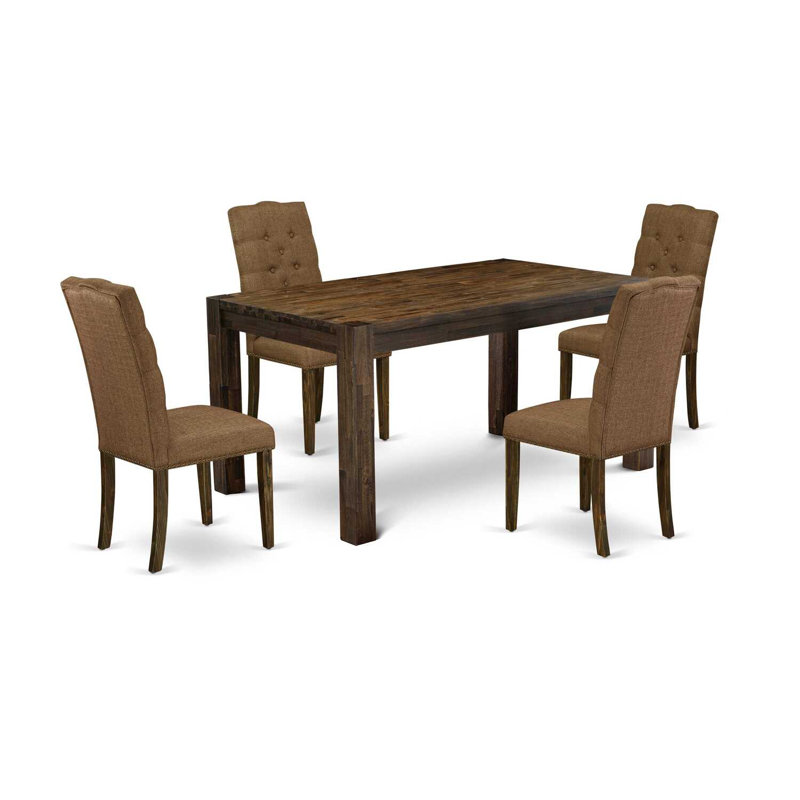 5 Piece Dining Set Includes a Rectangle Rustic Wood Dining Room Table and 4 Brown Linen Fabric Upholstered Parson Chairs, Jacobean