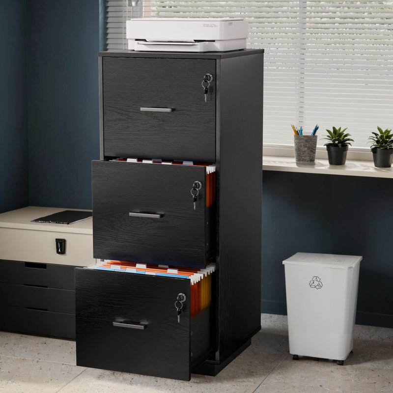 Wooden 3 Drawers File Cabinet With Lock 38.58"H, Black