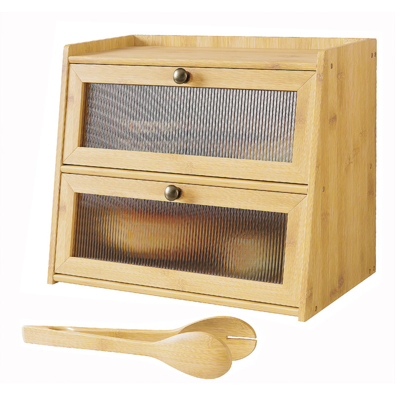 Double Layer Large Bamboo Bread Box For Kitchen Counter, Wooden Large Capacity Bread Storage Bin With Window Bread Holder (Brown)