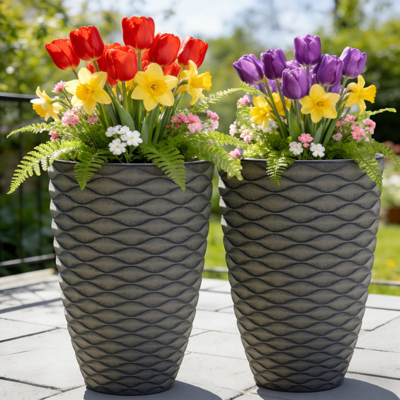 19" Mediterranean Tall Round Planters, Weather-Resistant Handcrafted Large Taper Flower Pots