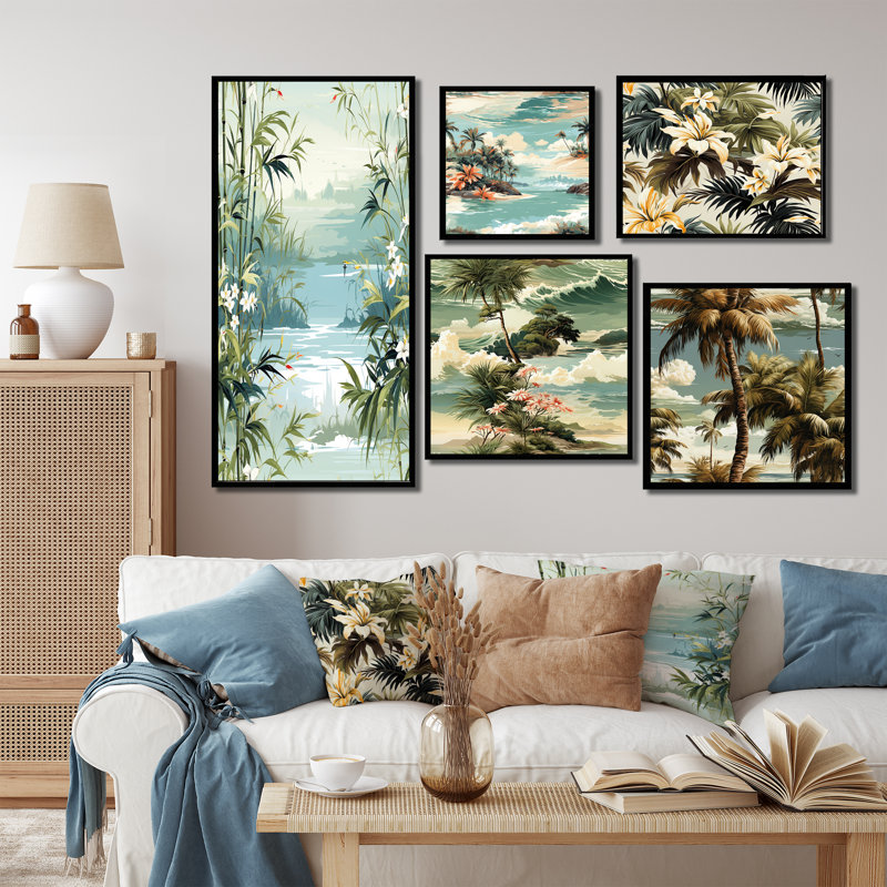 Bambou zen tropical - ensemble d'art mural sur toile tropical de 5, Cadre flottant noir