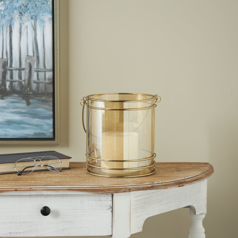 Metal Indoor Outdoor Gold Candle Lantern with Thin Circular Rods and Tinted Glass, 8.25" H x 5.73" W x 7.50" D