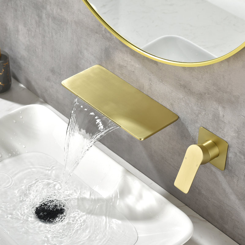 Waterfall Tub Faucet with Single Handle, Bathroom Wall Mounted Tub Filler, Brushed Gold