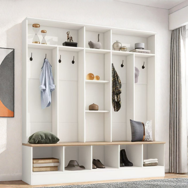 Wide Design Hall Tree With Storage Bench, Shoe Cabinet, Shelves And 8 Hooks, White