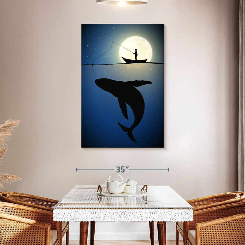 Pêche à la baleine au clair de lune Senne, H 48 po x l 32 po