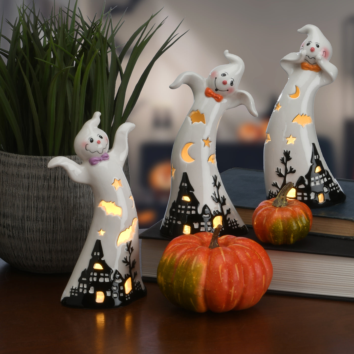 3-Piece Ceramic Ghost Halloween Figurine Set