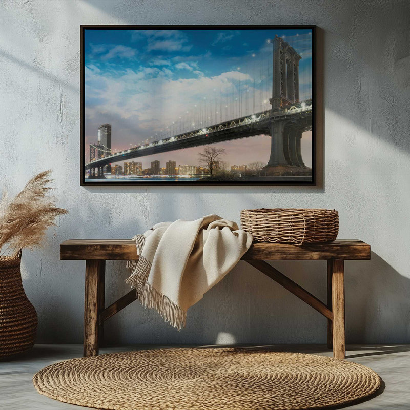 Pont de Brooklyn et Manhattan, impression sur toile dans un cadre, H 24,75 po x l 36,75 po, Blanc opaque